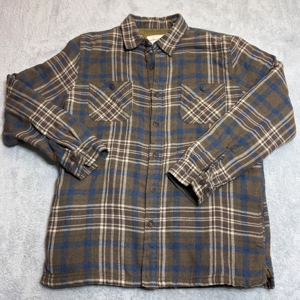 Weatherproof Vintage Flannel Shirt Jacket Men's Medium Brown Blue Plaid Sherpa
